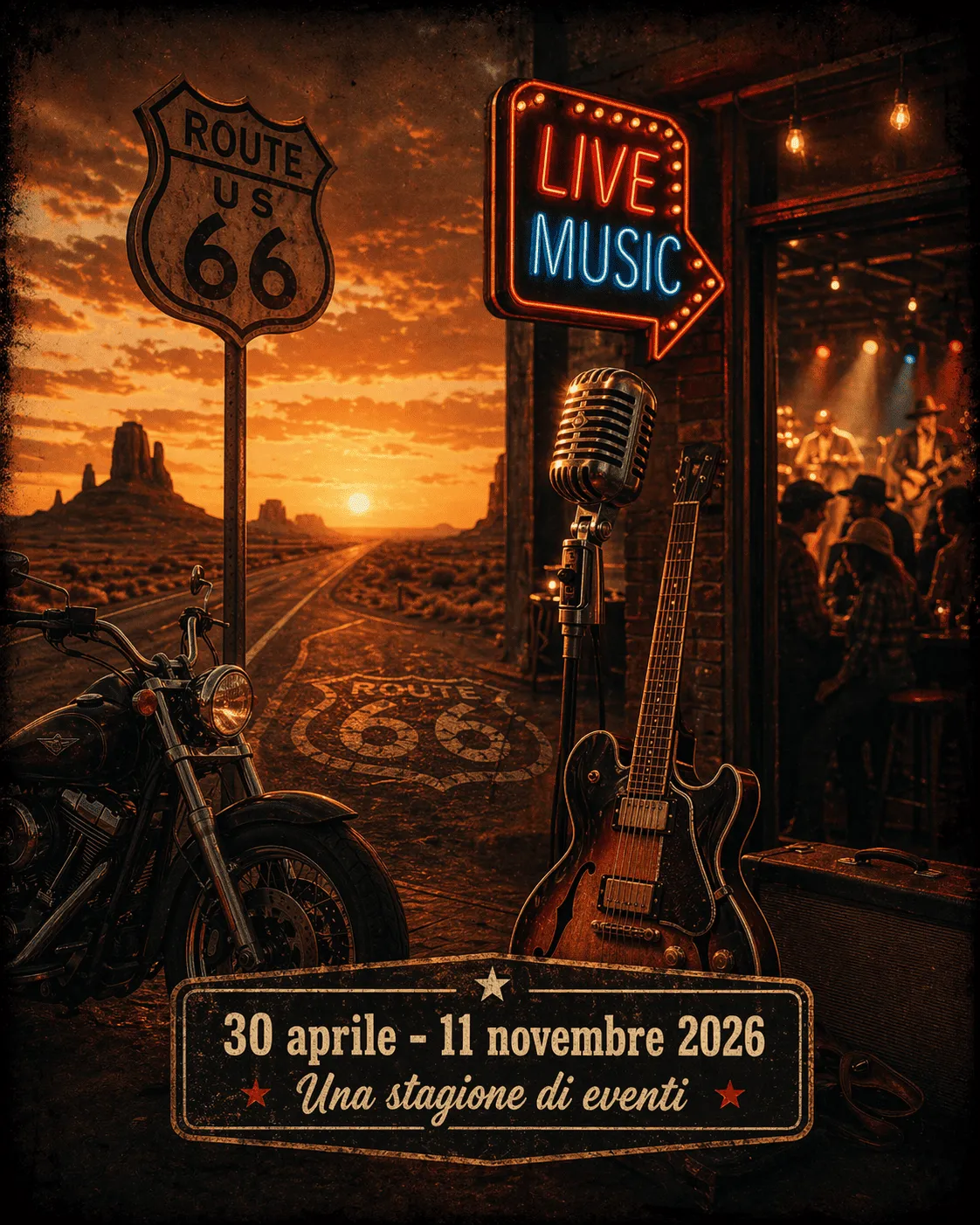 100 anni Route 66 stagione eventi Route 66 Music Pub Pisa Grafica 100 anni Route 66 con stagione eventi dal 30 aprile all’11 novembre 2026 al Route 66 Music Pub Pisa
