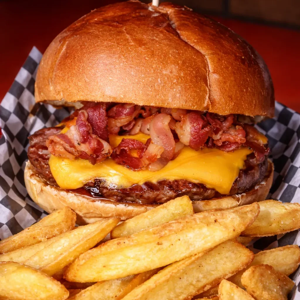 BBQ bacon burger Route 66 Music Pub Pisa BBQ bacon burger con cheddar, bacon e patatine del Route 66 Music Pub Pisa